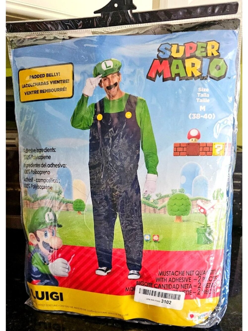 Luigi Adult Costume Super Mario Plush Belly Jumpsuit Gloves Hat Mustache MED